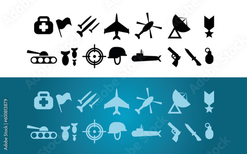 icônes de gèrre de plusiuers symbole en forme simplifié de logos des armées et outils de defence