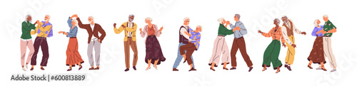 Senior couples dance, elderly people romantic loving relations concept. Happy old men and women embracing, holding hands while dancing. Adult characters dating, love. Grandmother and grandfather