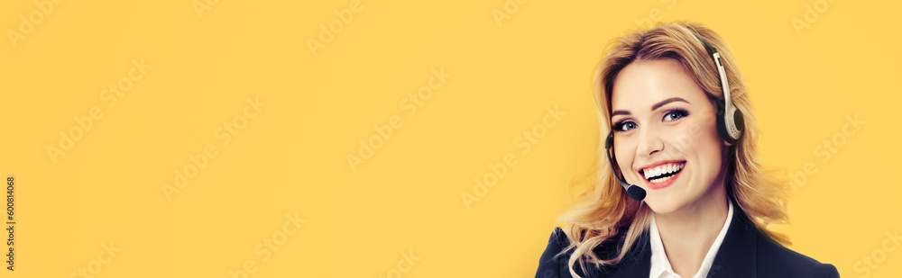 Call center. Businesswoman or female support phone operator in headset, isolated on orange yellow color background. Customer service help consulting concept. Wide banner image. Call center. Businesswoman or female support phone operator in headset, isolated on orange yellow color background. Customer service help consulting concept. Wide banner image.