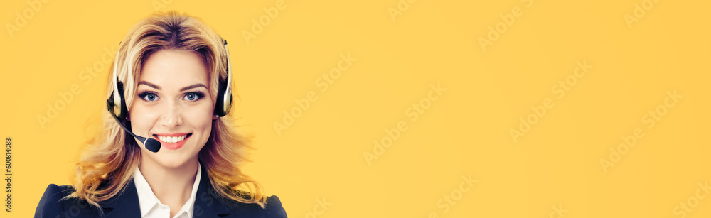 Wide banner image - support phone operator in headset, isolated on orange yellow color background. Consulting assistance service call center, customer care. Wide banner image - support phone operator in headset, isolated on orange yellow color background. Consulting assistance service call center, customer care.