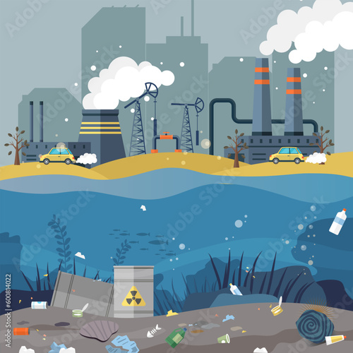 Ecological problem. Planet Earth is full of rubbish. Save the planet. Earth Day. Restoration of ecology of the planet. Toxic waste. Emissions from factories. Changing of the climate. Waste pollution