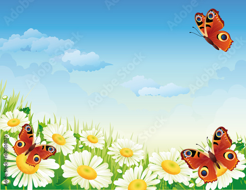 Vector illustration - landscape whis butterfly and flowers