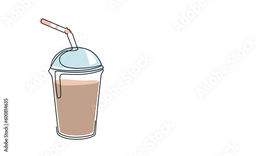 Milkshake of coffee in plastic cup in one continuous line drawing style. Fast food drink in lineart style. Single line, editable stroke. Milk shake or soda takeaway drink. Modern vector illustration