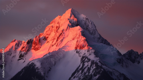 Sommet d'une chaine de montagne enneigée à la lueur rouge du soir ou du matin