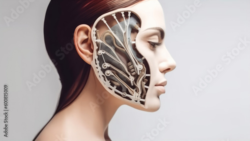 Close up portrait of a female model in a white mask, 3d rendering generative ai photo