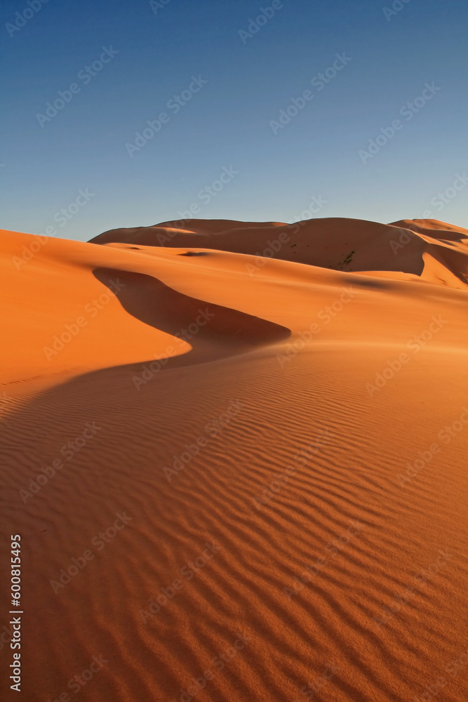 Erg Chebbi sand dunes in the Sahara Desert near Hassi Labiad and Merzouga, Morocco. Algeria is located 20 km from here.
