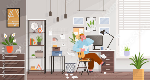 Confusion and mess. Stressed man office worker spreading papers. Tired confused worker sits at table and scaredly holding his hand over his head. Home office workplace with computer and chaos