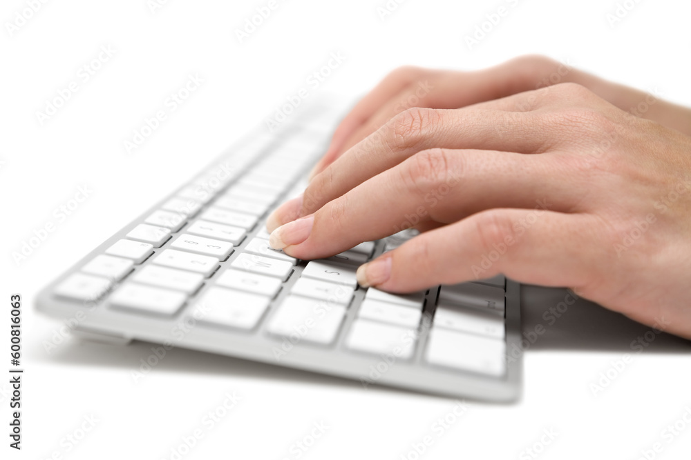 Woman typing on a modern keyboard. White background. Woman typing on a modern keyboard. White background.