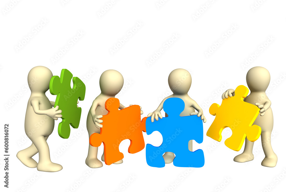 Four puppets, holding in hands a puzzle of multi color. Objects over white Four puppets, holding in hands a puzzle of multi color. Objects over white