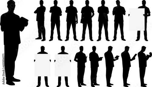  Silhouette of healthcare worker. Happy smiling doctor with a stethoscope. Male nurse in uniform poses. Vector flat style illustration set isolated on white