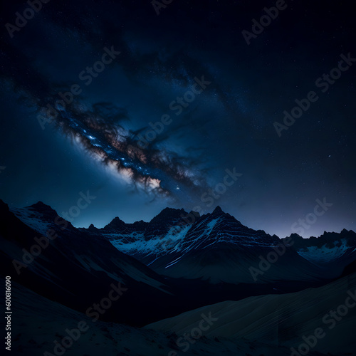 mountains night scene, galaxy in background