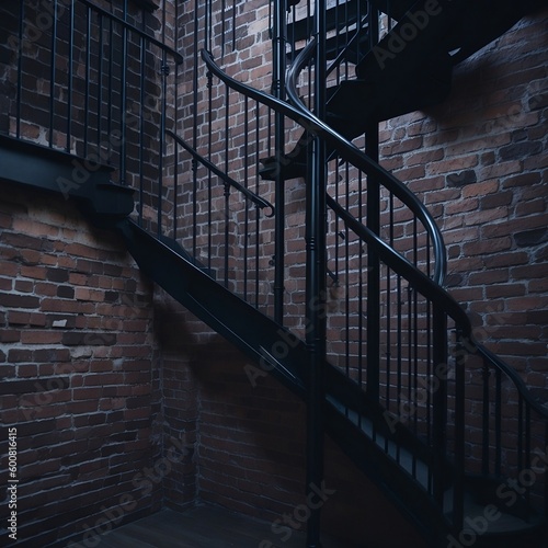 An exposed brick wall with a metal spiral staircase  construction created with Generative AI Technology