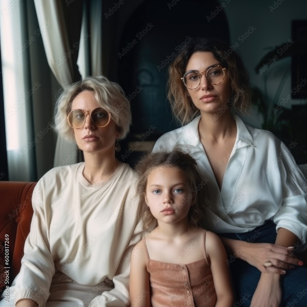 kids and happy same sex parents on sofa at home. Generative AI kids and happy same sex parents on sofa at home. Generative AI