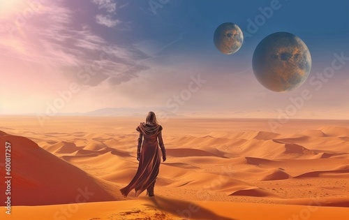 Person Walking Through Desert, Planets in Sky, Fantasy Art, Extra Large Moons, Generative AI