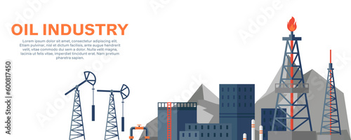 Industrial factories silhouette background. Oil and petroleum industry. Oil refinery complex with pipes and tanks gas production rigs with endless steel landscape. Petroleum fuel industry pipeline
