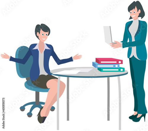 Two business women talking in office. Business people team meeting. Teamwork with plan, new creative project. Colleagues discussing document with data. Successful project planning and development