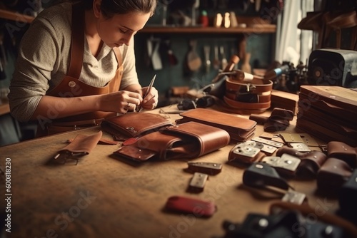 The process of making leather goods. The hands of the master work with a leather product. Generative AI
