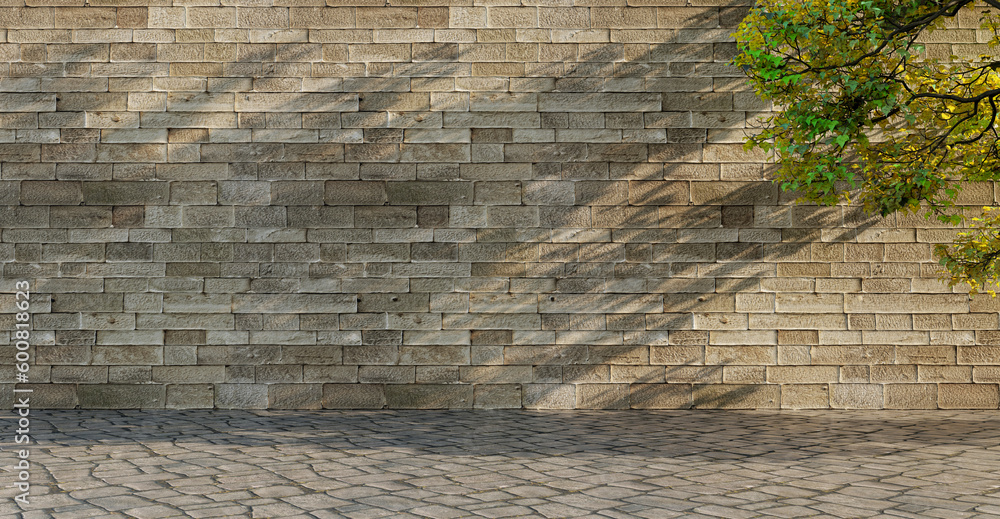 Brick wall stone wall stone floor gravel floor backdrop background sunlight and tree shadow 3D rendering Brick wall stone wall stone floor gravel floor backdrop background sunlight and tree shadow 3D rendering