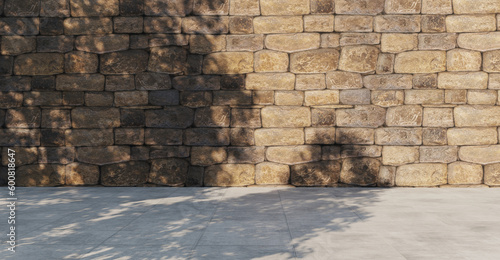 Brick wall stone wall stone floor gravel floor backdrop background sunlight and tree shadow 3D rendering