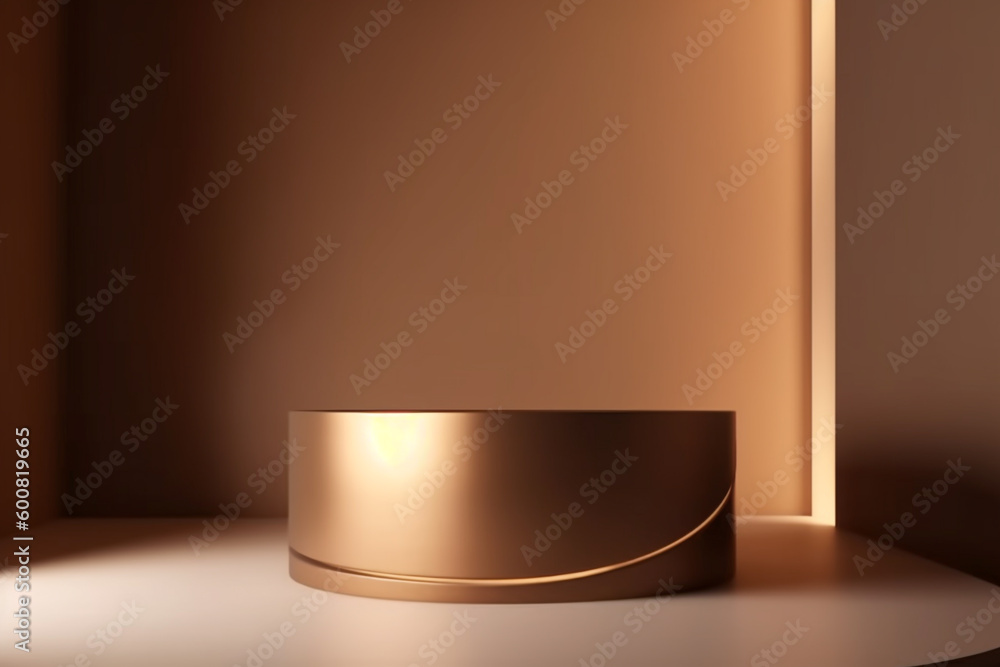 Beauty, fashion, make-up concept. Minimalistic product placement podium made from various beige geometric shapes with copy space and illuminated with natural light. Minimalistic style. Generative AI - obrazy, fototapety, plakaty 