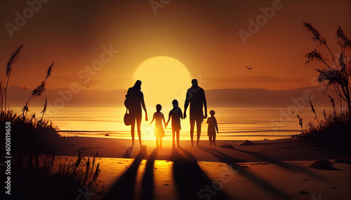 Family silhouette at the beach holding hands at sunset. Family day concept. Fathers day. Mothers day. Happy Family. Ai generated image