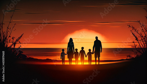 Family silhouette at the beach holding hands at sunset. Family day concept. Fathers day. Mothers day. Happy Family. Ai generated image
