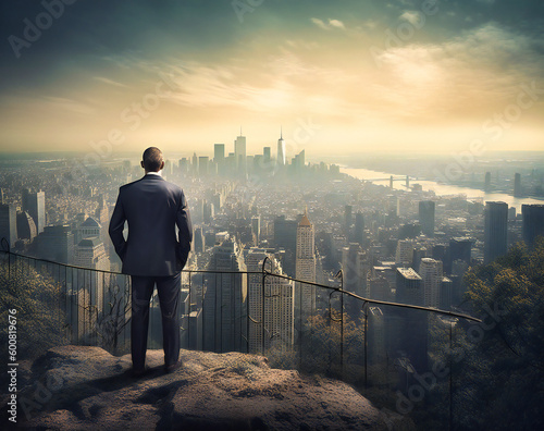 a businessman on a ledge looking at a city