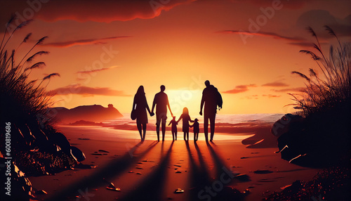 Family silhouette at the beach holding hands at sunset. Family day concept. Fathers day. Mothers day. Happy Family. Ai generated image © PixxStudio