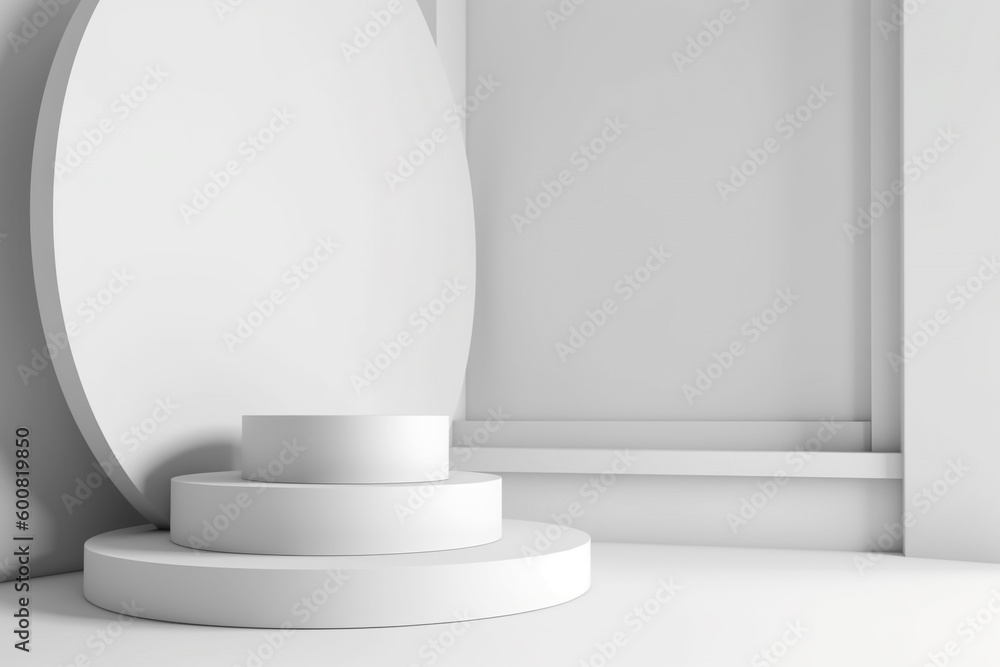 Obraz premium Beauty, fashion, make-up concept. Minimalistic product placement podium made from various white geometric shapes with copy space. Minimalistic and futuristic looking style. Generative AI