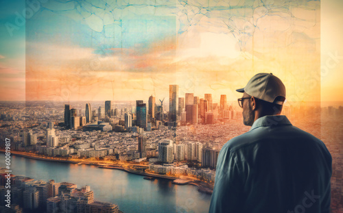 man looking at a city skyline with a business map above it