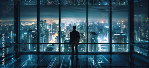 businessman looks out into city from the window of a skyscraper