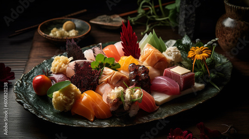 Japanese food : sushi set plate a variety of fresh seafood with beautiful decorations. Asia traditional meals, lunch, dinner on restaurant table for japanese food theme