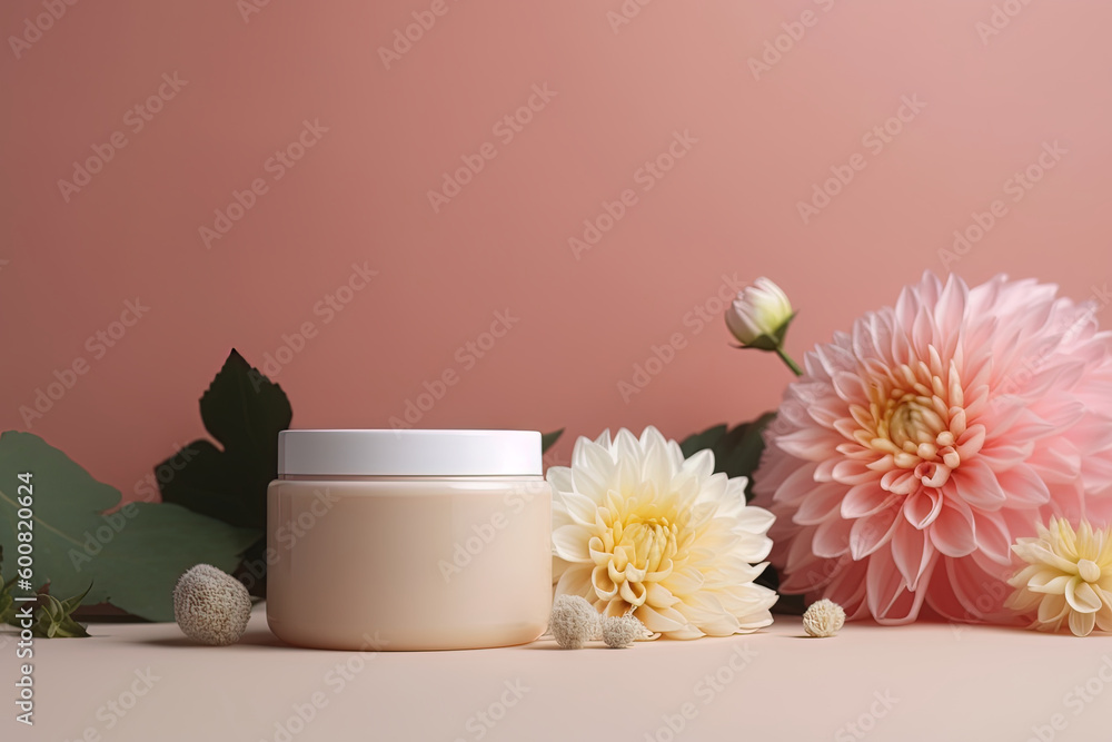 Spa skin care concept with hand cream in jar on pink gradient background and flower decoration