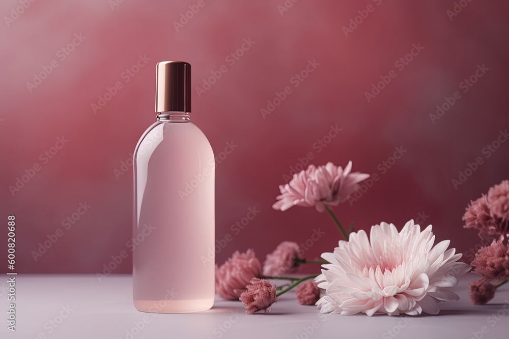 Essential oil products presentation mock-up with flowers and gradient background Essential oil products presentation mock-up with flowers and gradient background