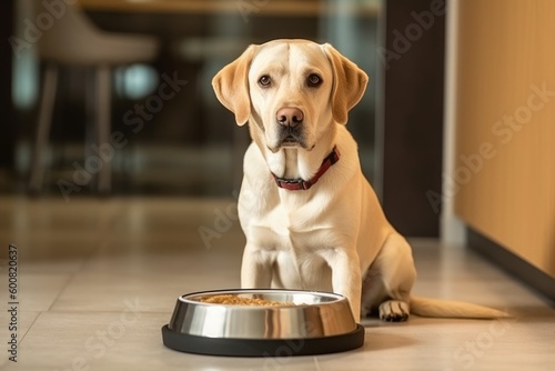 Hungry dog with sad eyes is waiting for feeding in home kitchen. Generative AI