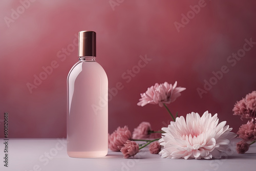 Essential oil products presentation mock-up with flowers and gradient background