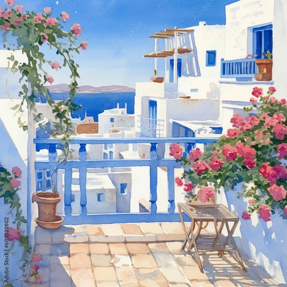 watercolor painting of beautiful house in Greece. hand drawn, painting with white building, Seaview, alley, door, window, bougainvillea,  houseplant, pot and blue sky 