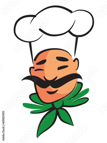 A cook in a hat. Portrait of a male cook. Male face with mustache. Positive image of a chef