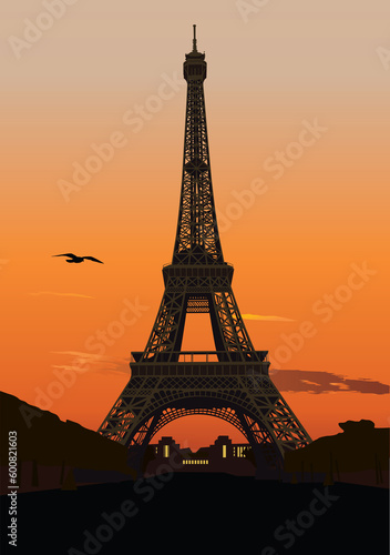 Vector illustration of Eiffel tower at sunset. Paris, France © Designpics