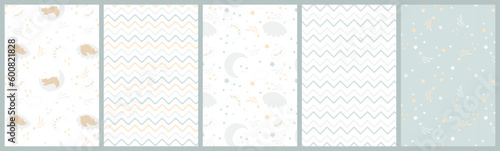 Children's template. Seamless backgrounds. Blue baby textures with bears, stars, clouds, zigzag. Set of cute textile prints. Pastel baby backgrounds for scrapbooks. Vector illustration