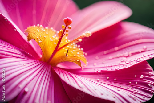 a bright pink and yellow hibiscus flower  with dewdrops glistening on its petals in the morning sunlight