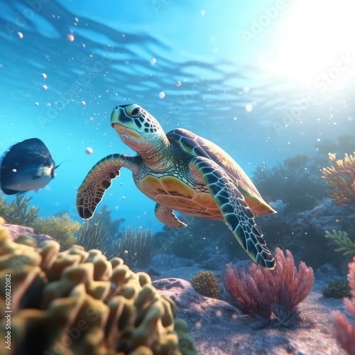 Sea turtle swimming in the ocean with coral reef underwater. Background illustration for world oceans day concept. Life in tropical waters. generative ai illustration