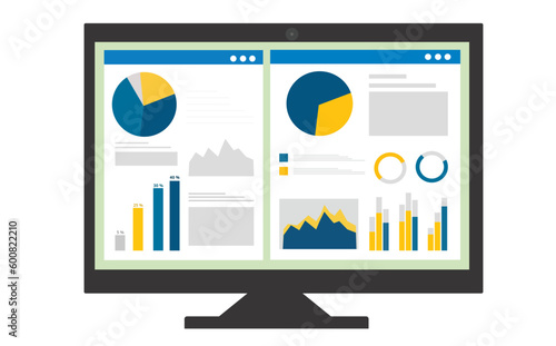 Computer screen displaying charts and graphs banners showing statistics