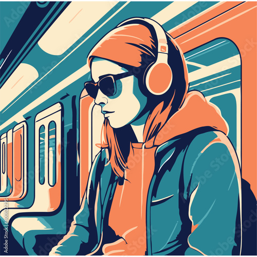 Young adult riding subway train, wearing sunglasses