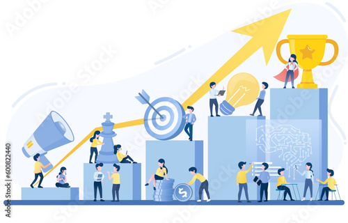 Business people variety activity to achieve success. Some people standing at bar graph represent growth, discuss tactical plan, management strategy, improve and develop business.