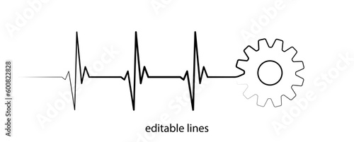 Editable lines heart rhythm illustration with gear wheel, heartbeat line vector design to use in healthcare, business, healthy lifestyle, medicine and ekg concept illustration projects. 