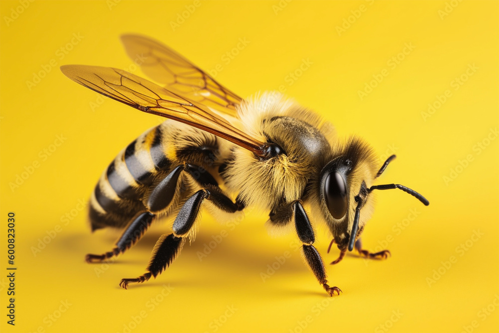 Cute honey bee on yellow isolated background.Close up view.Copy space.Created with generative ai Cute honey bee on yellow isolated background.Close up view.Copy space.Created with generative ai