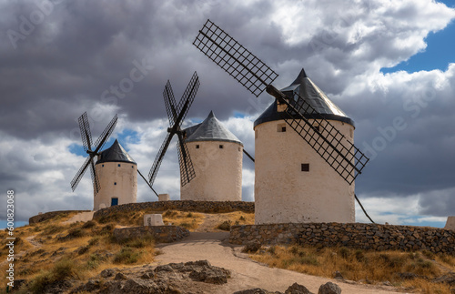 Windmills of Consuegra at Sunrise , Castilla-La Mancha, Spain. Beautiful exposure of the Windmills of Consuegra at Sunrise located on Castilla-La Mancha, Spain.