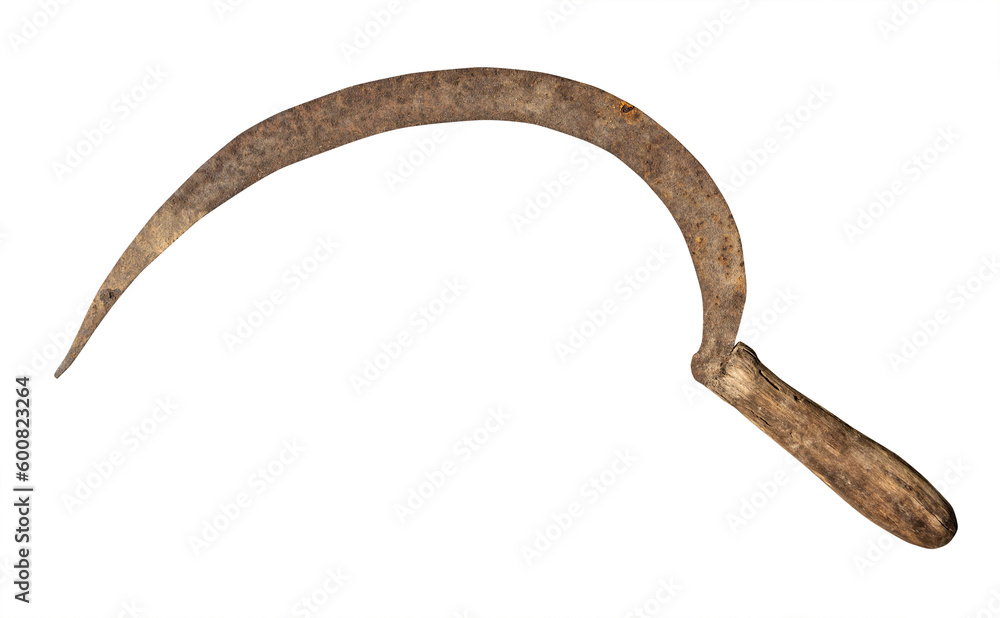 old rusty wrought iron sickle with wooden handle isolated on white background old rusty wrought iron sickle with wooden handle isolated on white background