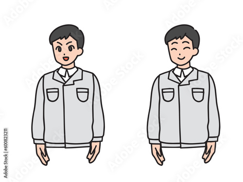 作業着を着た男性の上半身、表情違い	